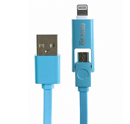 Кабель Olmio USB 2.0 - microUSB/Apple 8pin, 2-в-1, 1м, 2.1A, голубой, плоский